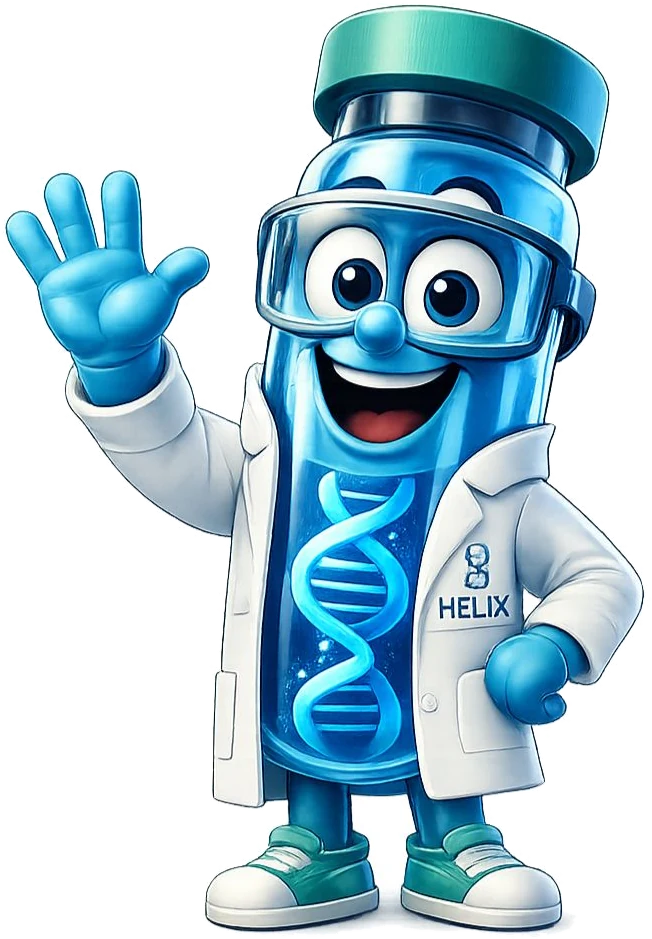 Mr. Helix, the Helix laboratory mascot, waving hello